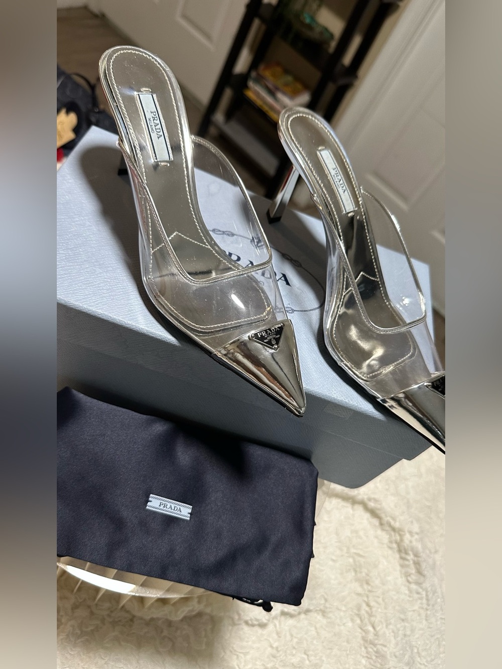Prada Clear PVC Mule Heels with Silver Pointed Toe